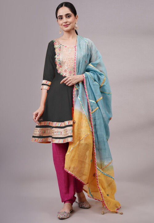 Embroidered Chanderi Silk Aline Suit in Black