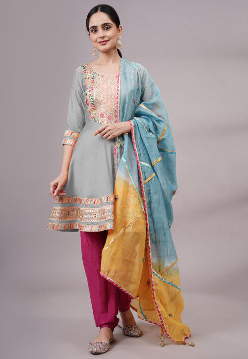 Embroidered Chanderi Silk Aline Suit in Grey