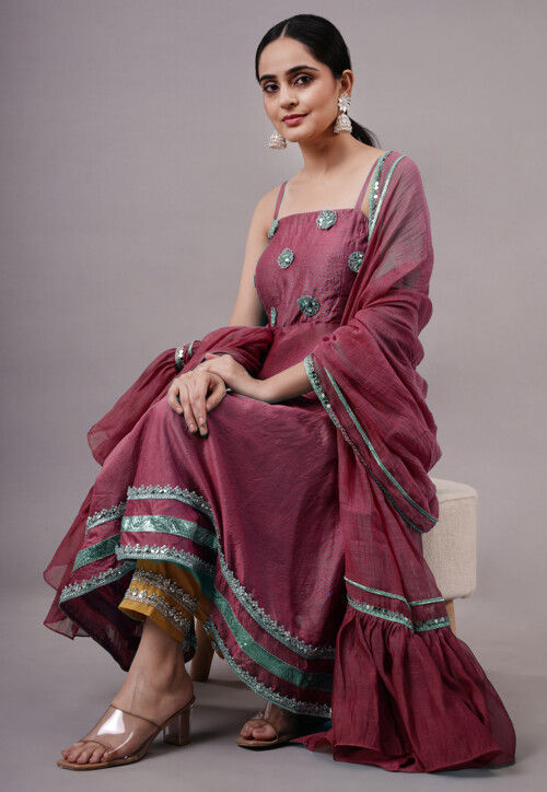 Buy Embroidered Chanderi Silk Aline Suit in Wine Online : KUR629 ...