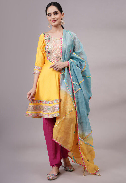 Embroidered Chanderi Silk Aline Suit in Yellow