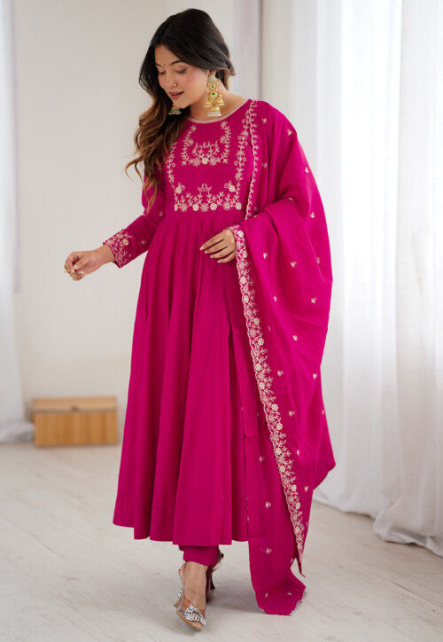 Buy Embroidered Chanderi Silk Anarkali Suit in Fuchsia Online ...