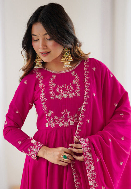 Buy Embroidered Chanderi Silk Anarkali Suit in Magenta Online : KJFB228 ...