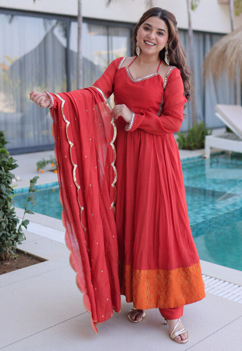strapless open back dress Vibrant Red Georgette Anarkali Suit | Ready to Wear L