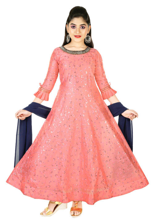 Embroidered Chanderi Silk Gown in Peach