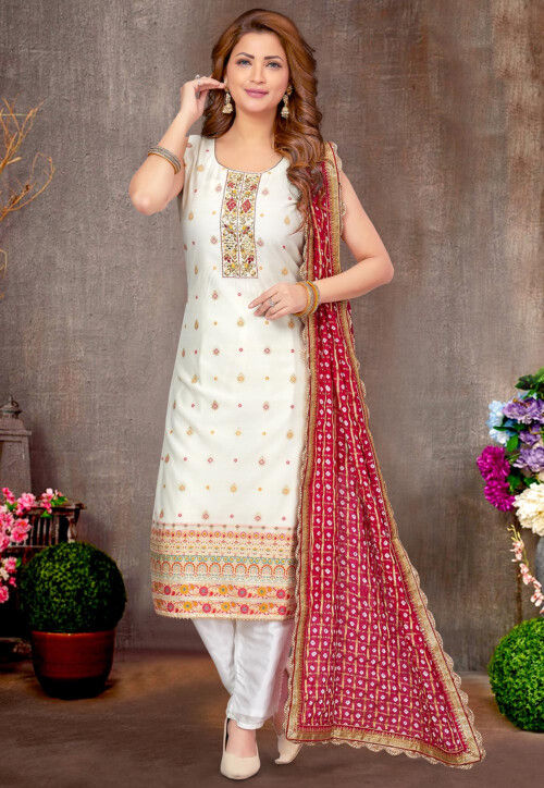 Embroidered Chanderi Silk Jacquard Pakistani Suit in Off White