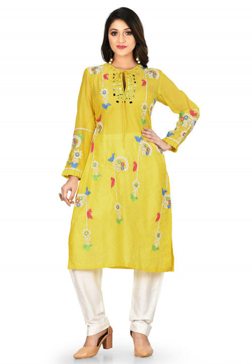 Embroidered Chanderi Silk Kurta with Pant in Mustard