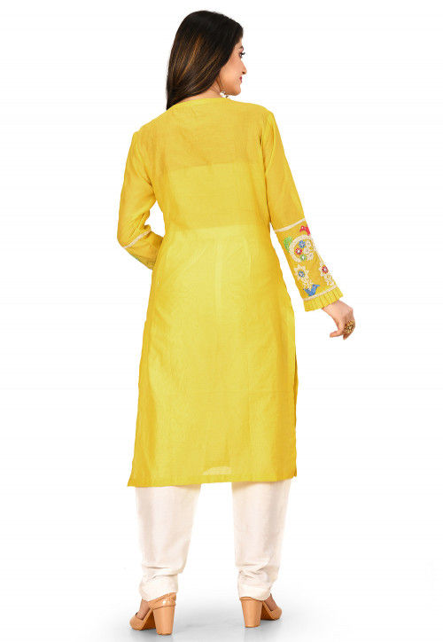 Embroidered Chanderi Silk Kurta with Pant in Mustard