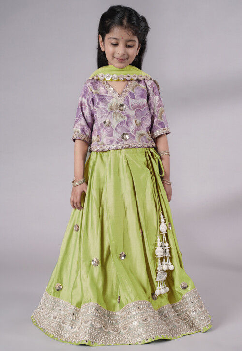 Embroidered Chanderi Silk Lehenga in Olive Green