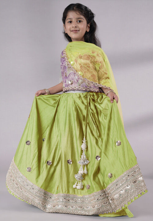 Embroidered Chanderi Silk Lehenga in Olive Green