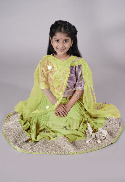 Embroidered Chanderi Silk Lehenga in Olive Green