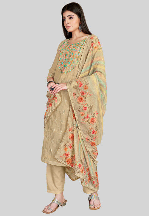 Embroidered Chanderi Silk Pakistani Suit in Beige
