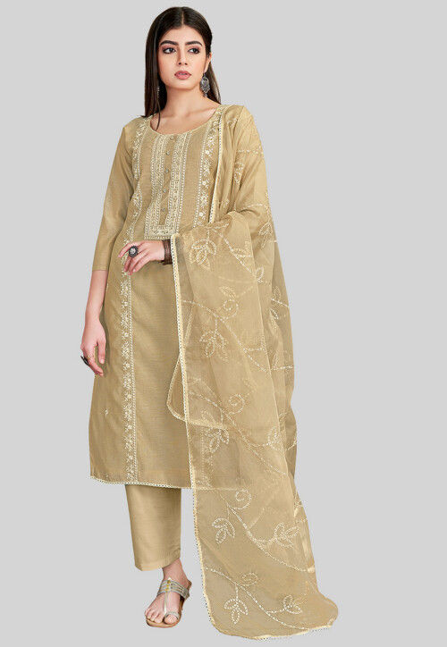 Embroidered Chanderi Silk Pakistani Suit in Beige