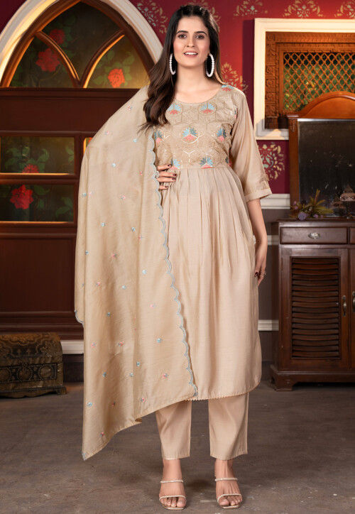 Embroidered Chanderi Silk Pakistani Suit in Beige