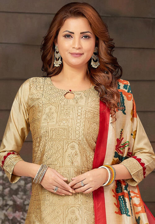 Embroidered Chanderi Silk Pakistani Suit in Beige