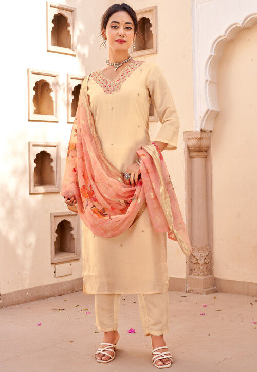Embroidered Chanderi Silk Pakistani Suit in Cream