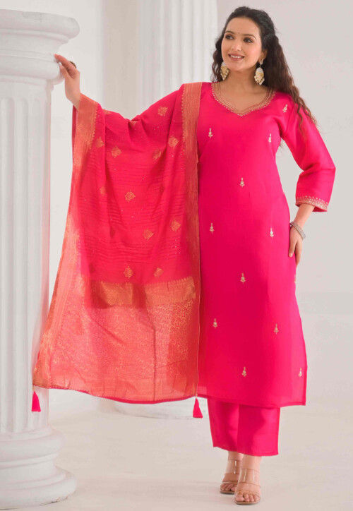 Embroidered Chanderi Silk Pakistani Suit in Fuchsia