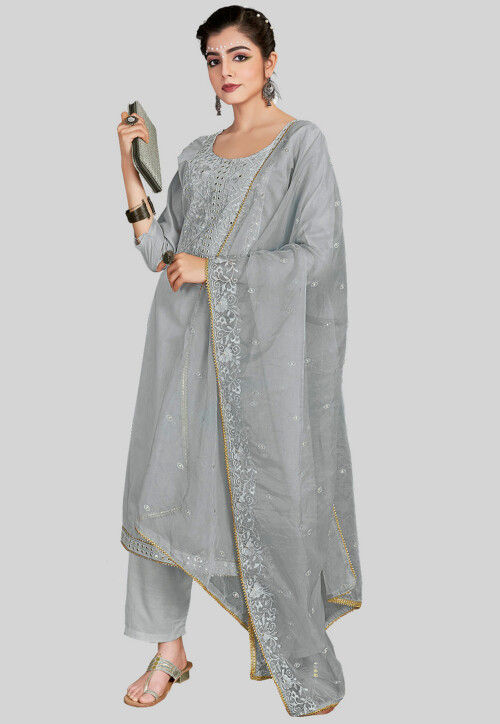 Embroidered Chanderi Silk Pakistani Suit in Grey
