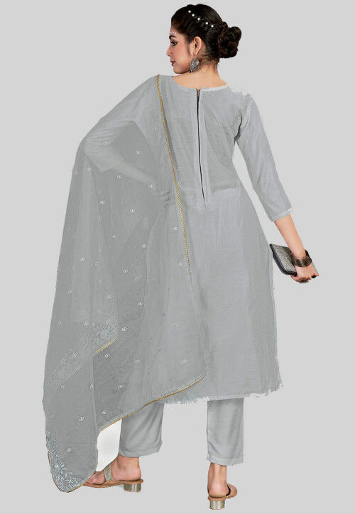 Embroidered Chanderi Silk Pakistani Suit in Grey