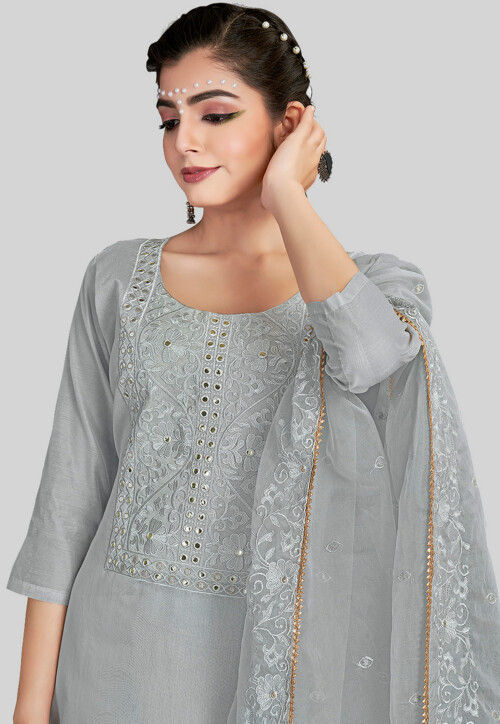 Embroidered Chanderi Silk Pakistani Suit in Grey