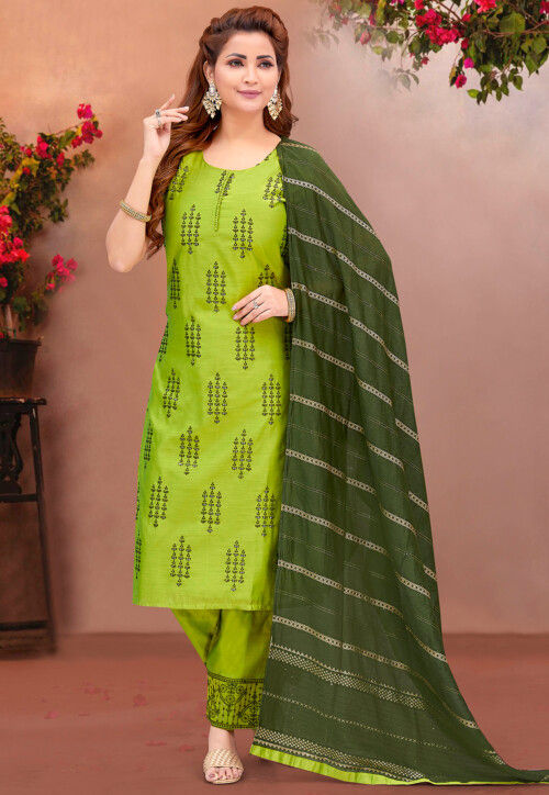 Embroidered Chanderi Silk Pakistani Suit in Light Green