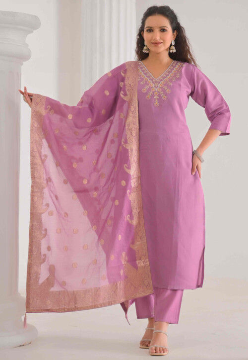 Embroidered Chanderi Silk Pakistani Suit in Light Purple