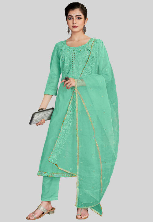Embroidered Chanderi Silk Pakistani Suit in Light Teal Green