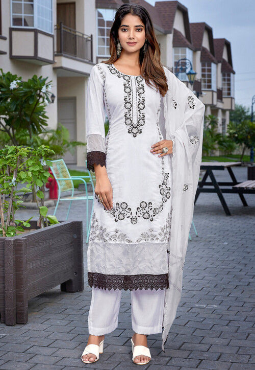 Embroidered Chanderi Silk Pakistani Suit in Off White