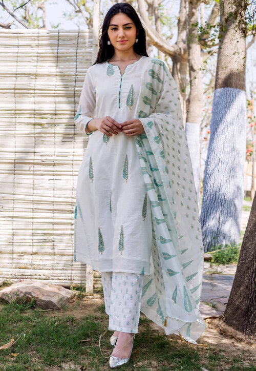 Embroidered Chanderi Silk Pakistani Suit in Off White