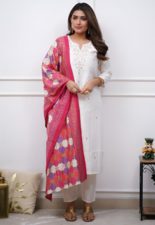 Embroidered Chanderi Silk Pakistani Suit in Off White