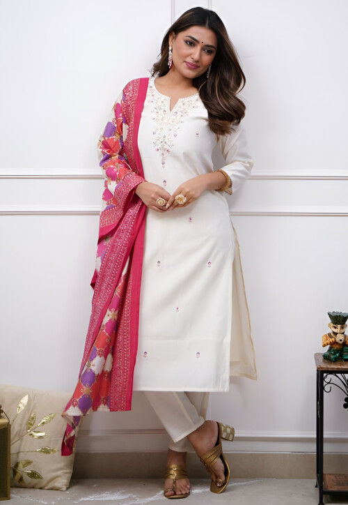 Embroidered Chanderi Silk Pakistani Suit in Off White