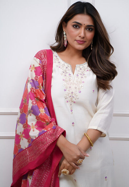 Embroidered Chanderi Silk Pakistani Suit in Off White