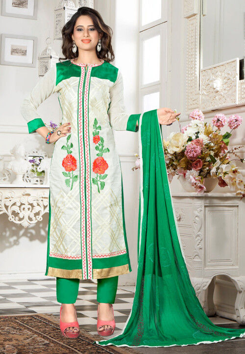 Embroidered Chanderi Silk Pakistani Suit in Off White