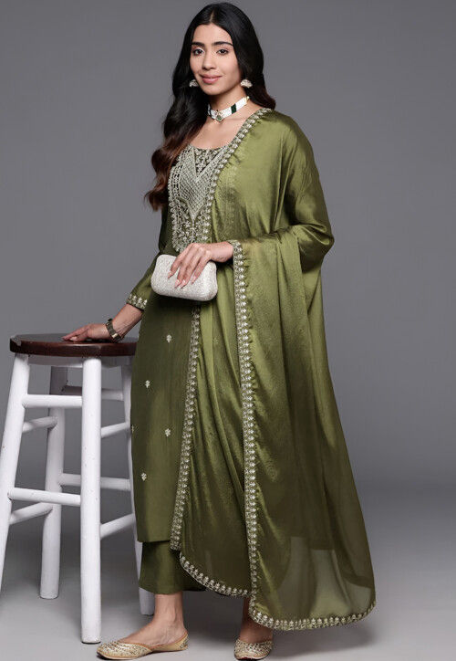 Embroidered Chanderi Silk Pakistani Suit in Olive Green