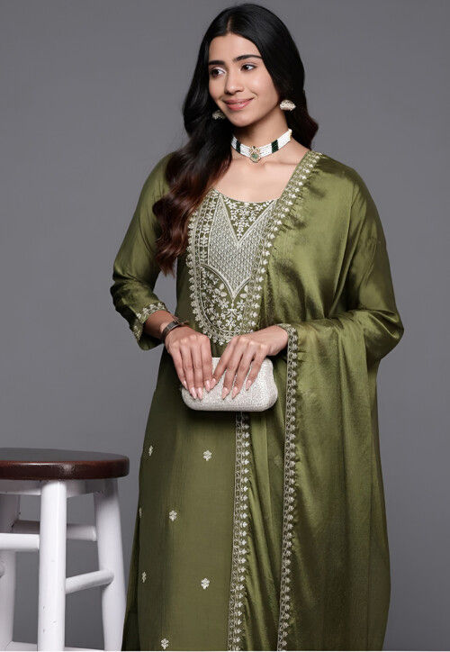 Embroidered Chanderi Silk Pakistani Suit in Olive Green