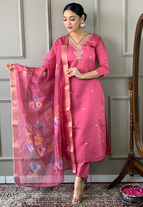 Embroidered Chanderi Silk Pakistani Suit in Pink