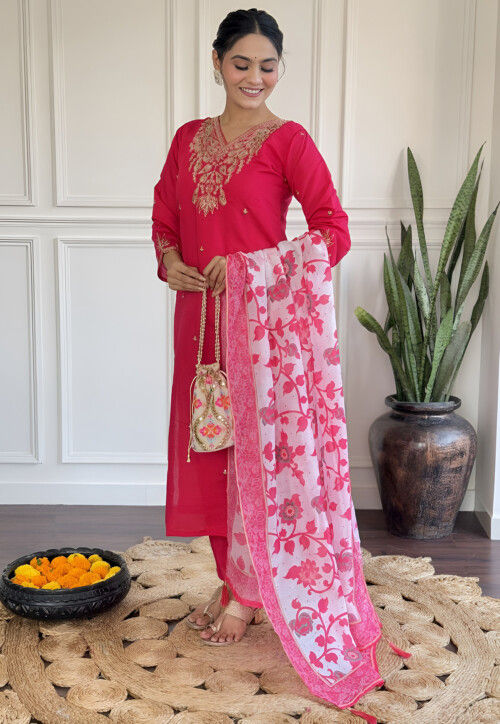 Embroidered Chanderi Silk Pakistani Suit in Pink