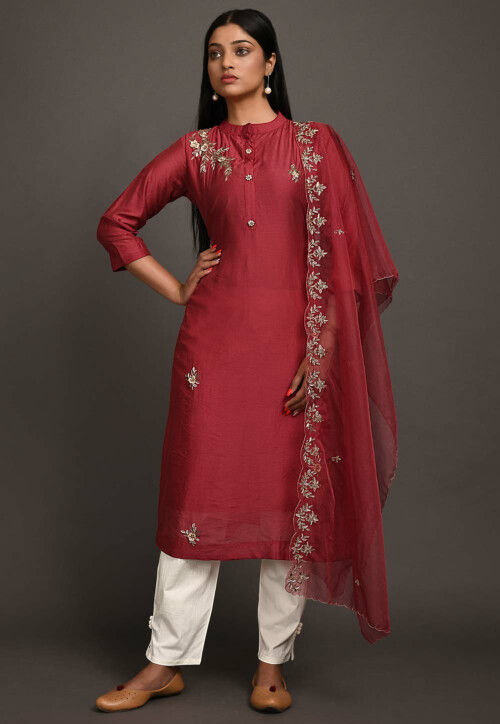 Red Chanderi Silk Suit- Set of 3, Chanderi Salwar Kameez, चंदेरी सूट -  Charkha Tales, Lucknow | ID: 2852834686533