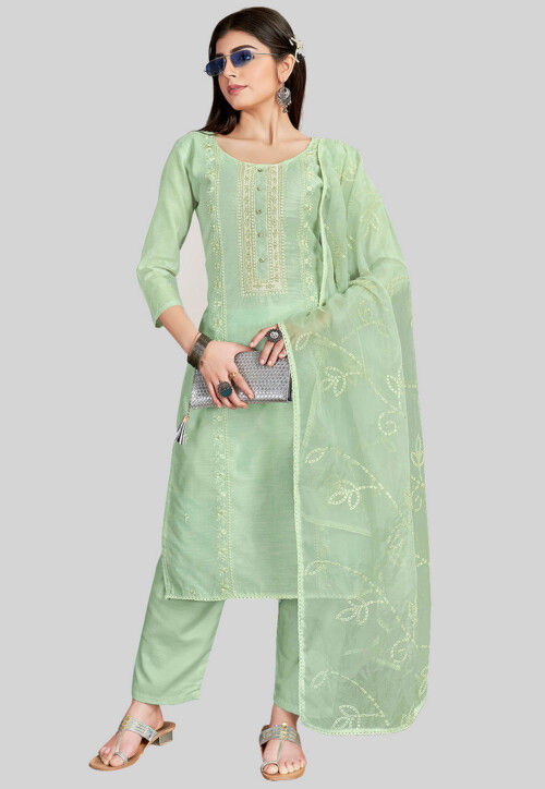 Embroidered Chanderi Silk Pakistani Suit in Sea Green