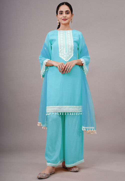 Embroidered Chanderi Silk Pakistani Suit in Sky Blue