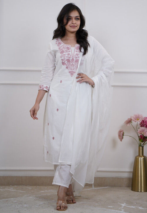 Embroidered Chanderi Silk Pakistani Suit in White