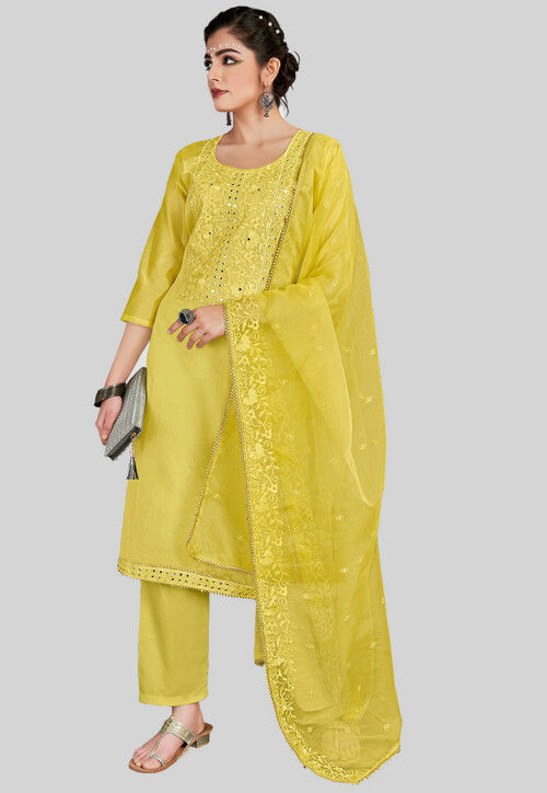 Embroidered Chanderi Silk Pakistani Suit in Yellow