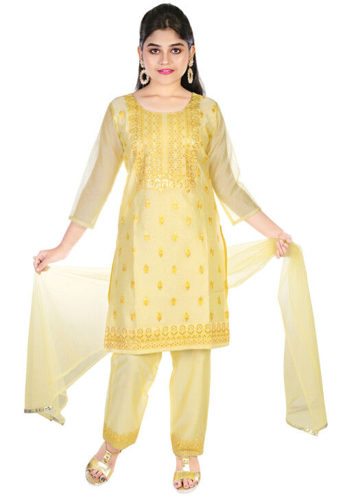 Embroidered Chanderi Silk Pakistani Suit in Yellow