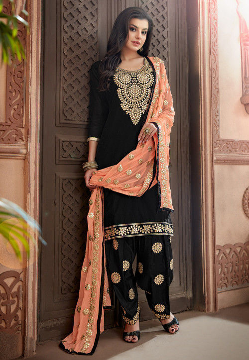Embroidered Chanderi Silk Punjabi Suit in Black