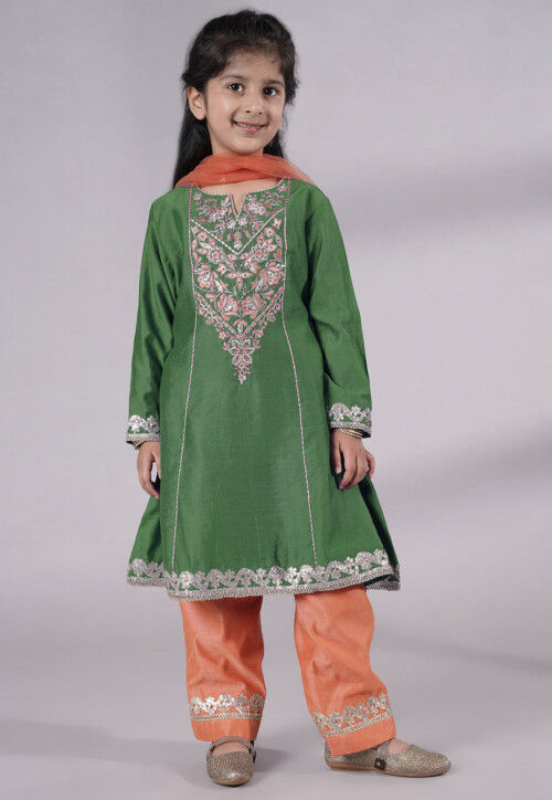 Embroidered Chanderi Silk Punjabi Suit in Green