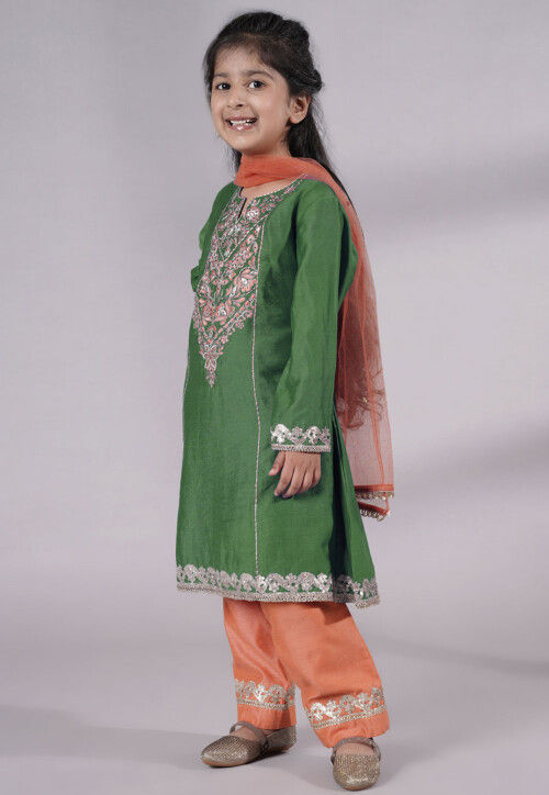 Embroidered Chanderi Silk Punjabi Suit in Green