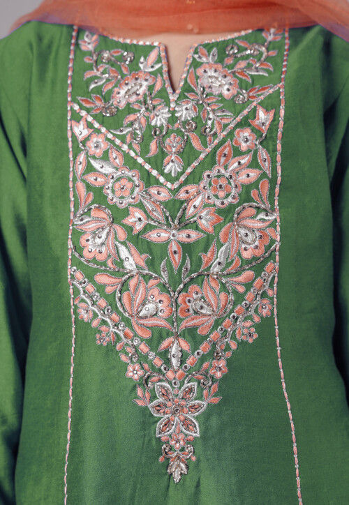 Embroidered Chanderi Silk Punjabi Suit in Green