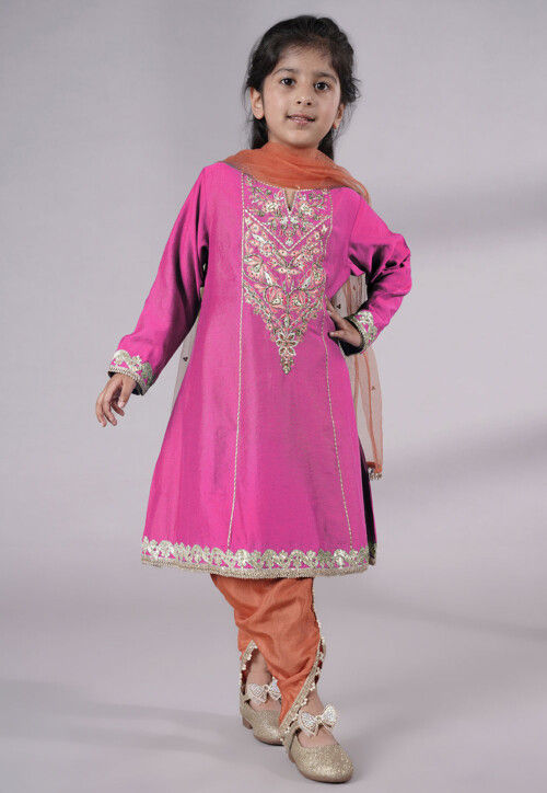 Embroidered Chanderi Silk Punjabi Suit in Pink