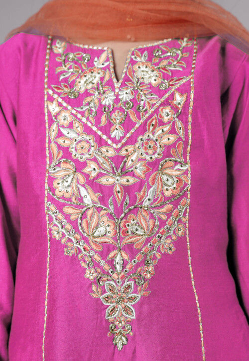 Embroidered Chanderi Silk Punjabi Suit in Pink