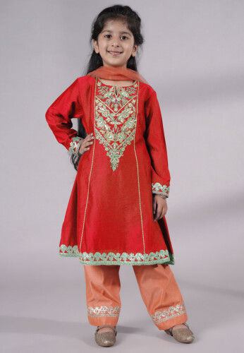 Embroidered Chanderi Silk Punjabi Suit in Red