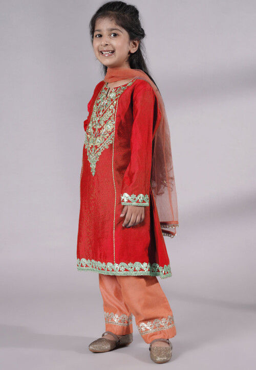 Embroidered Chanderi Silk Punjabi Suit in Red